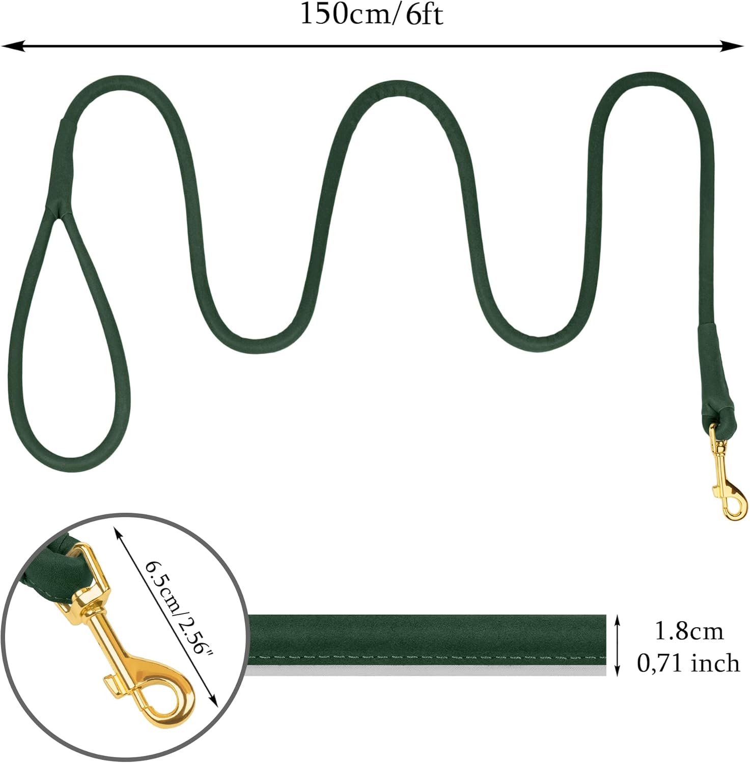 Small Rolled Leather Dog Collar and Leash Set Reflective 6ft, Green S2951
