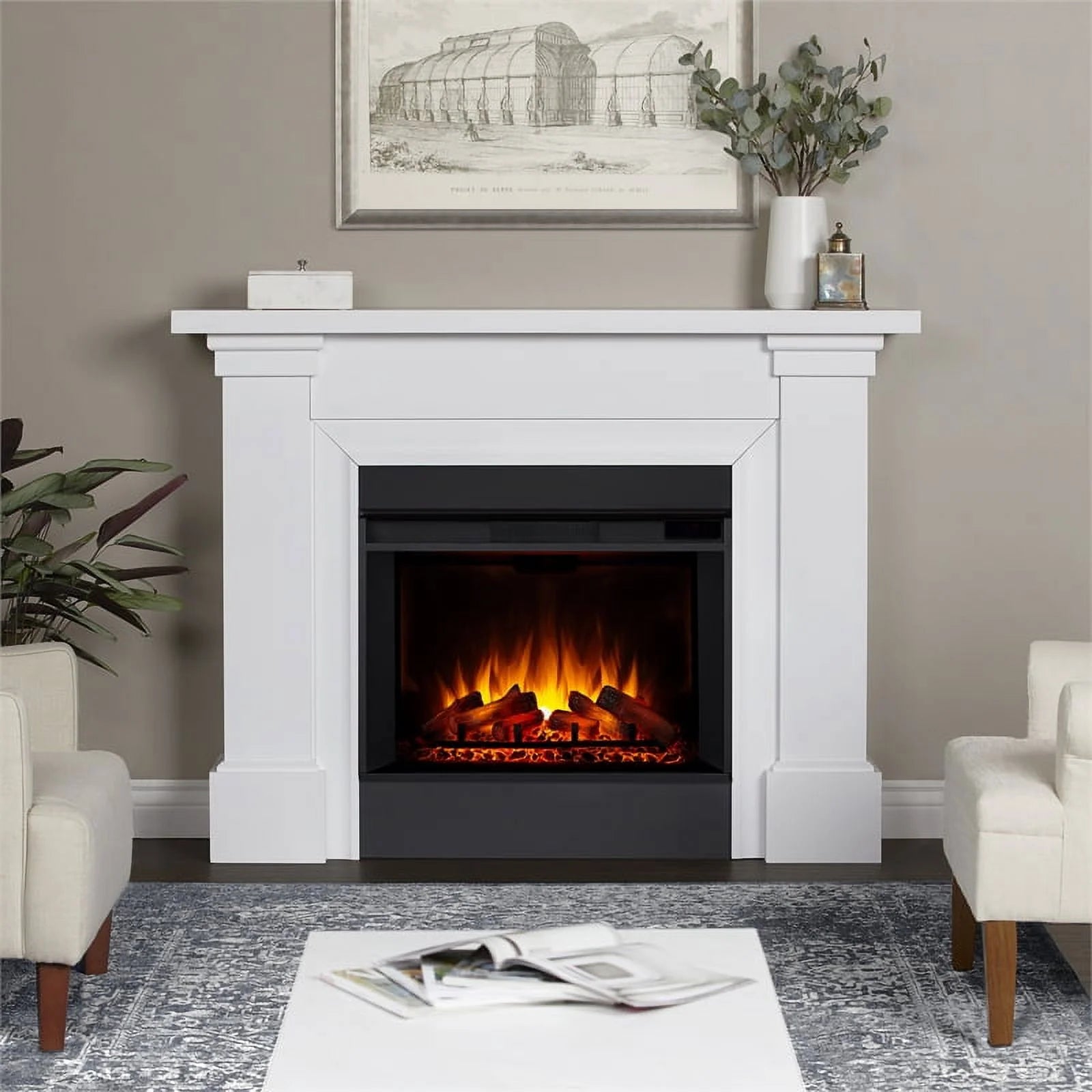 Modern Wood Grand Electric Fireplace in White P17323