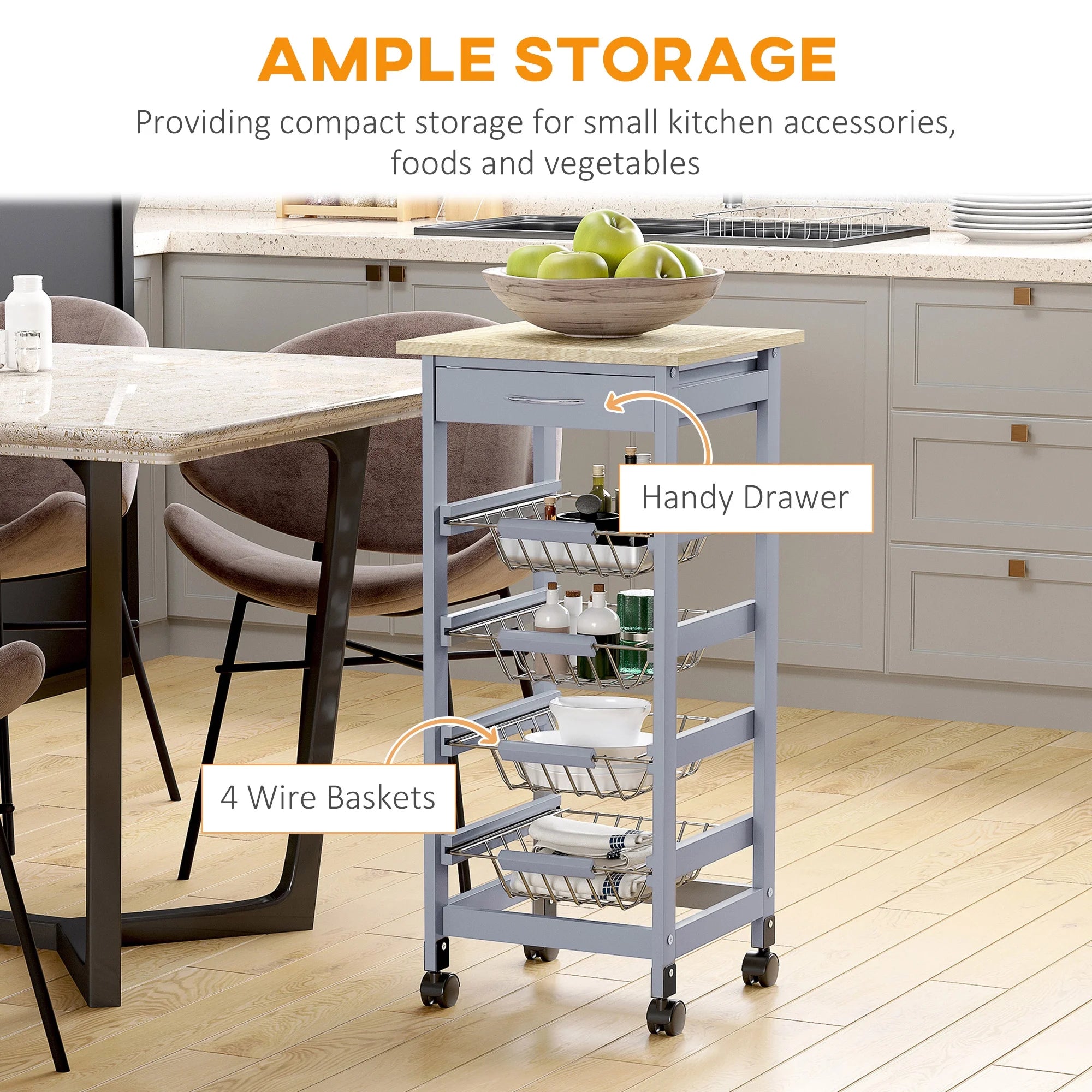 Rolling Kitchen Island Cart with Storage and Wire Baskets, Gray E341732