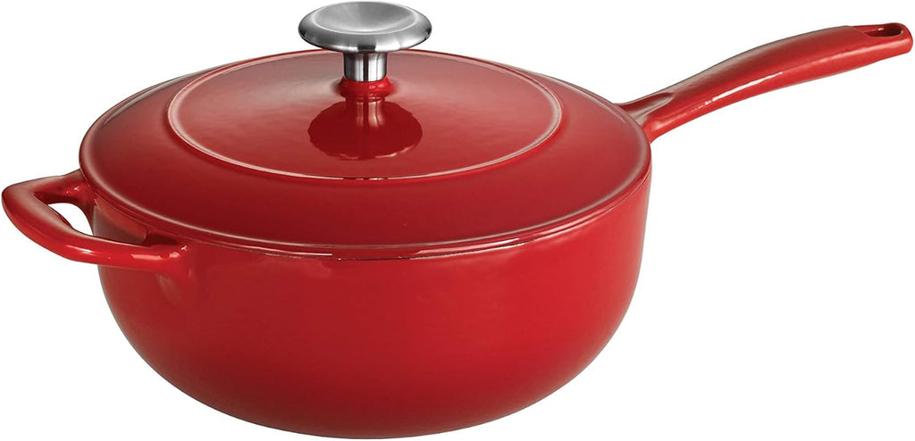 Enameled Cast Iron Saucier Pan with Lid, 3-Quart Red C5994