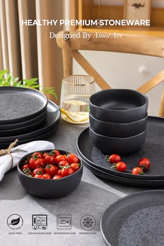 Stoneware Cereal Bowls Set of 6, 28oz Chip-Resistant Ceramic Soup Bowls with Wavy Rim N457