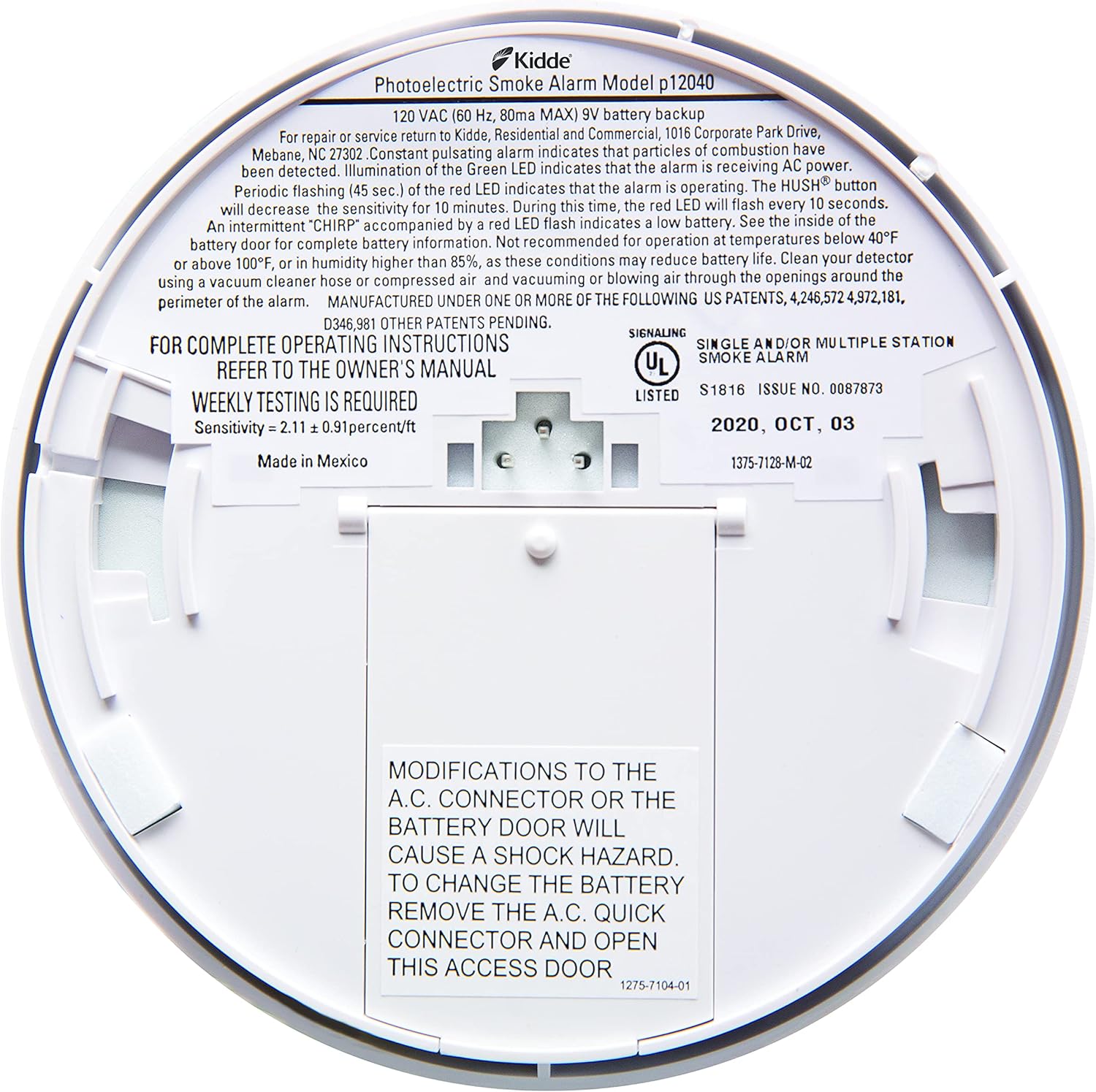 Hardwired Smoke Detector with Battery Backup, Photoelectric Alarm V6303