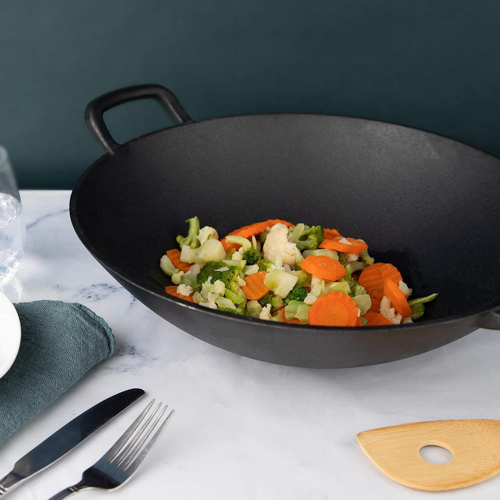 Pre-Seasoned Cast Iron Wok with Wooden Lid, 14 Inches, Nonstick Deep Frying Pan Q32539