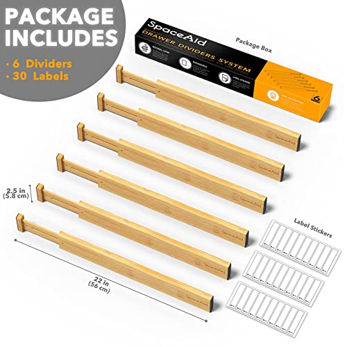 Bamboo Drawer Dividers with Labels, Adjustable Organizers, 6 Pack I1088