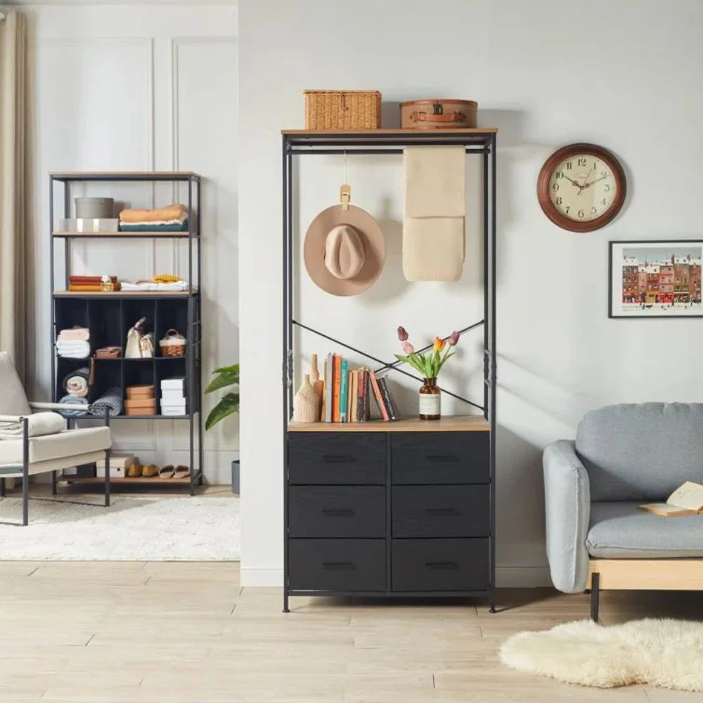 Freestanding Clothing Rack with Hanging Rod and 6 Drawer Wardrobe Cabinet I93824