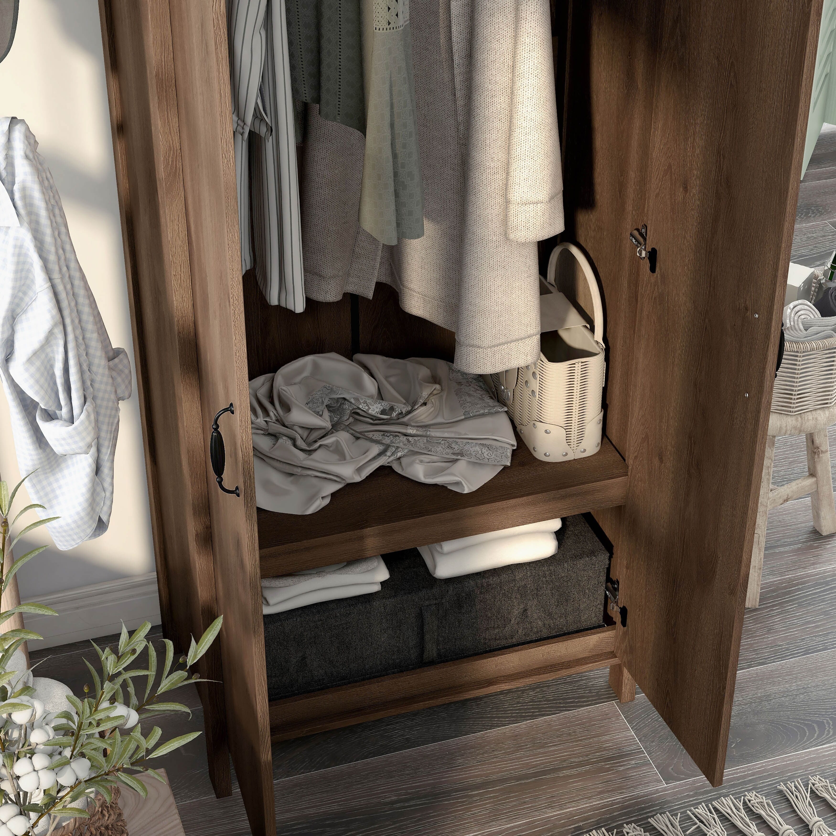 Rustic Distressed Walnut Double-door Wardrobe Closet with Shelves B925