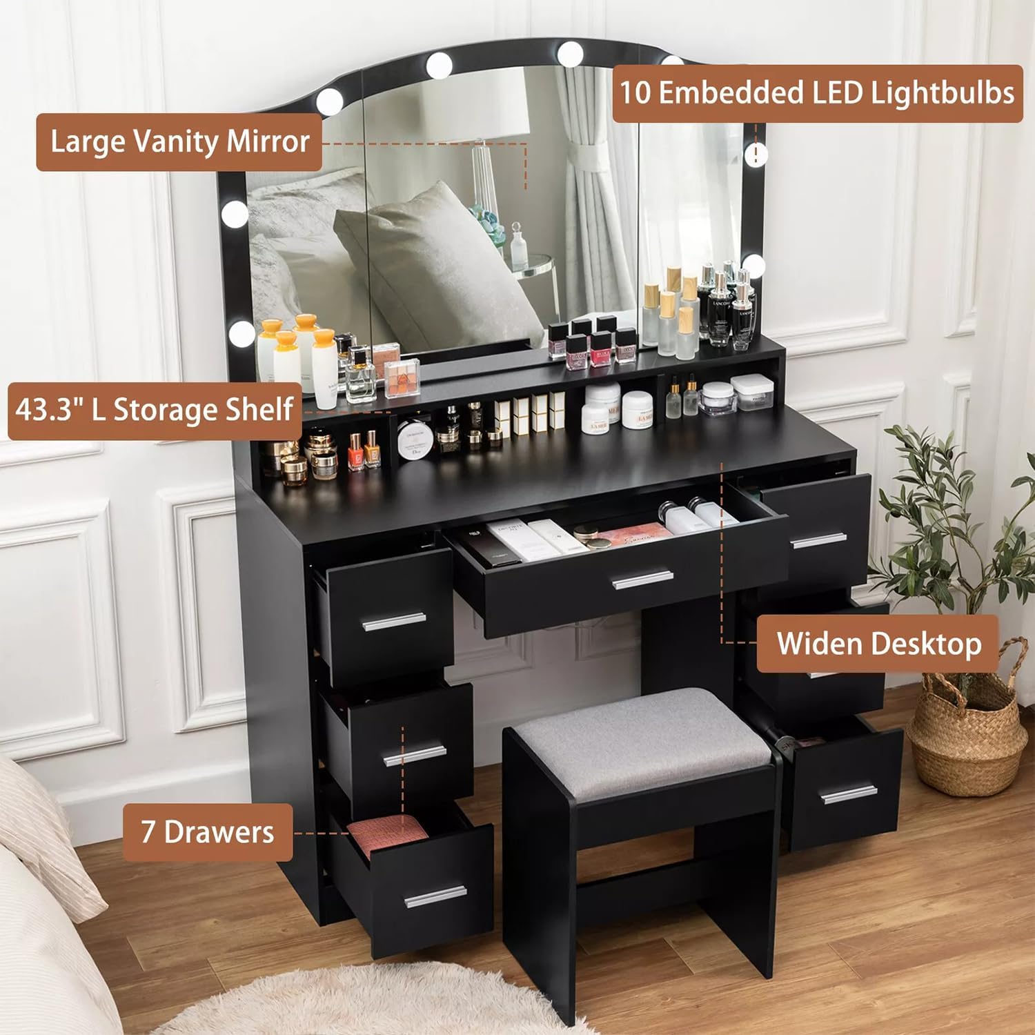 Black Vanity Desk with Lighted Mirror and 7 Drawers E874938