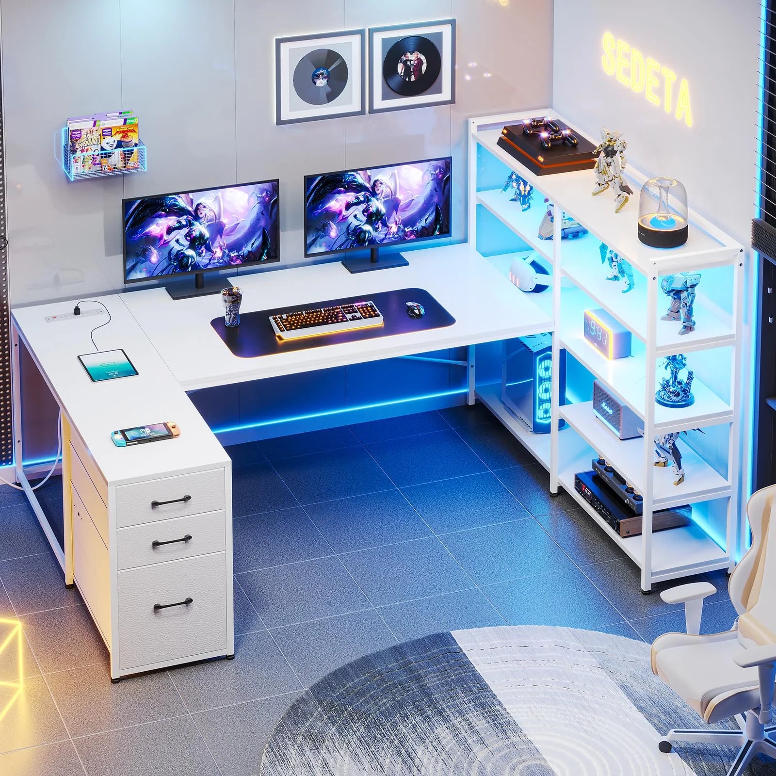 Afuhokles L Shaped Computer Desk, U Shaped Reversible Corner Desk with Power Outlet and Storage Shelves, Gaming Desk with LED Lights, 3 Fabric Drawers, White