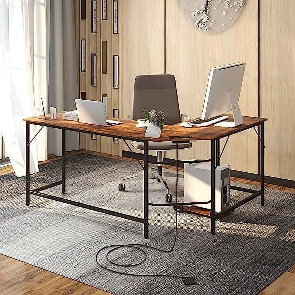 L-Shaped Desk with CPU Stand 66 Inch Wooden Corner Desk with Metal Frame S89739