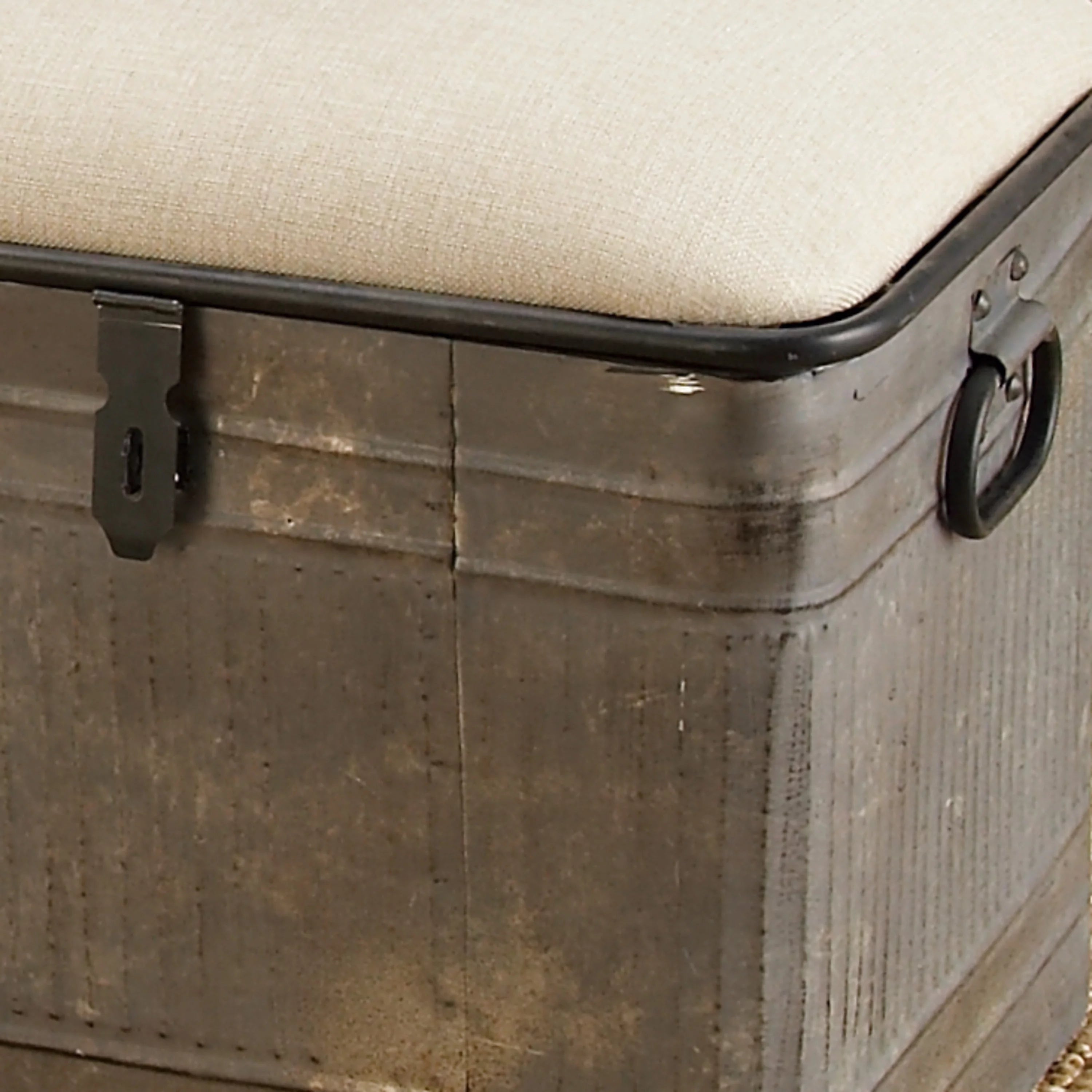 Metal Galvanized Storage Bench with Cream Burlap Top E438064