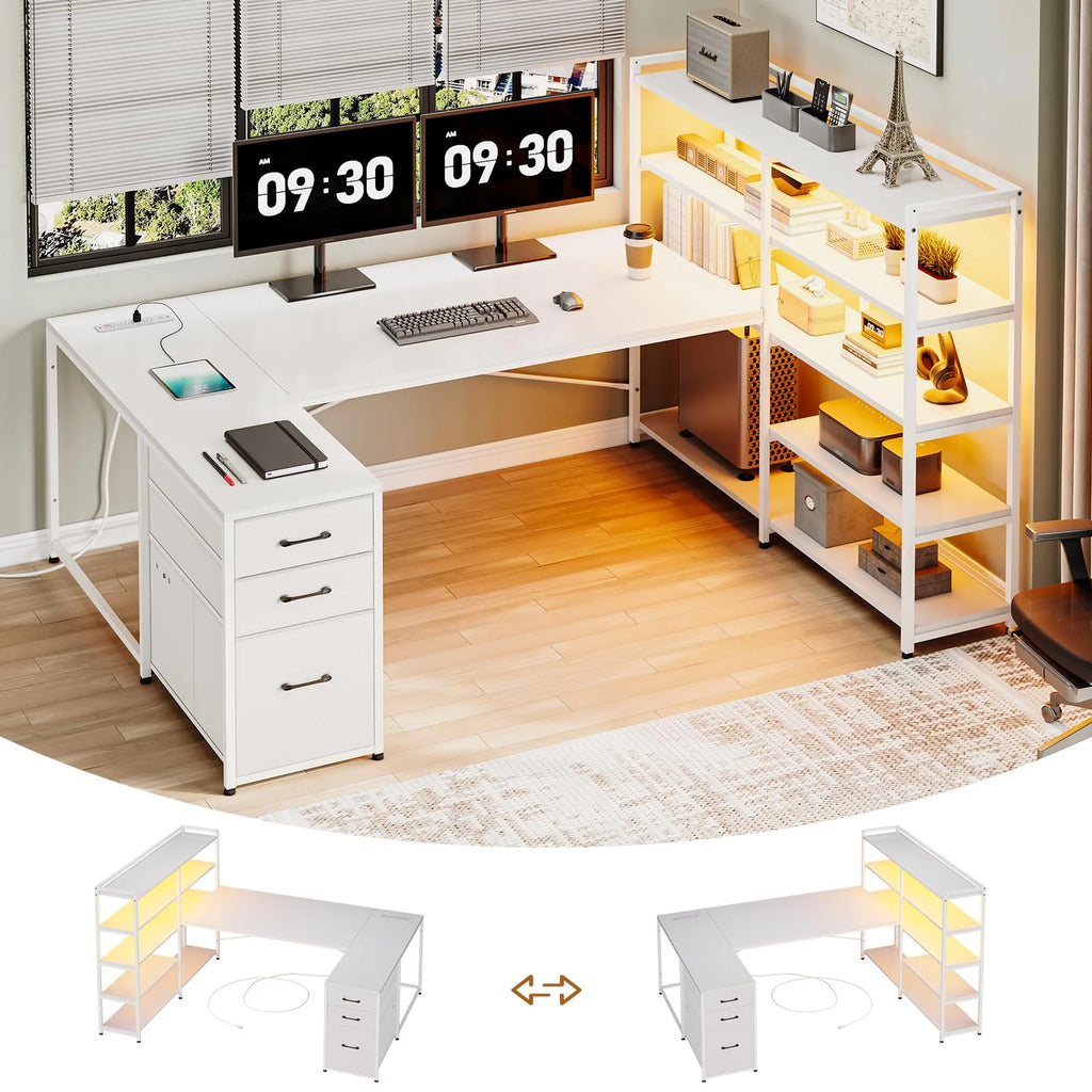 L Shaped Computer Desk with Power Outlet and Storage Shelves C754138