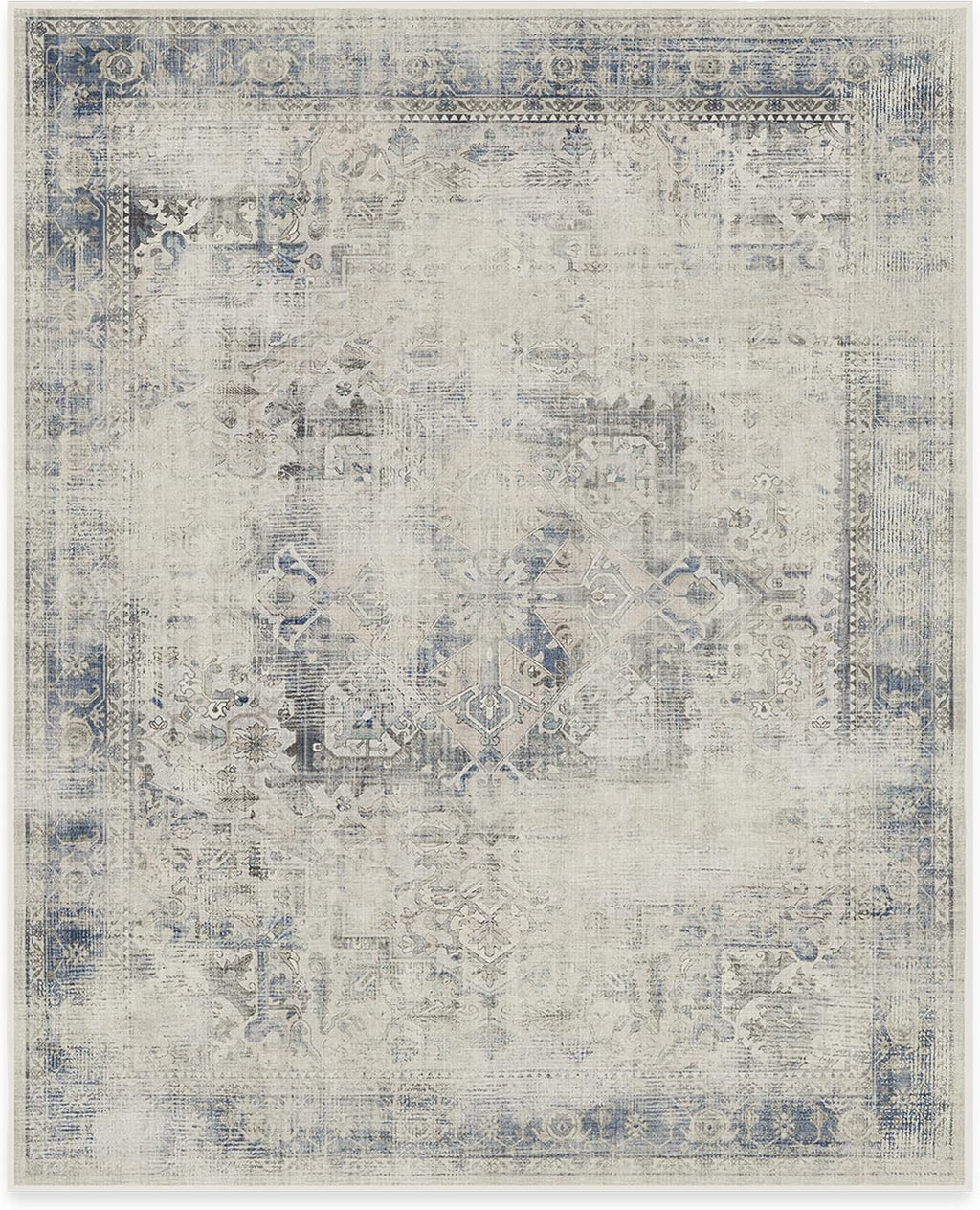 RUGGABLE Kamran Washable Rugs 8x10 - Non Slip, Vintage Machine Washable Area Rug, Living Room, Bedroom, Dining Room, Kitchen, Indoor Large Area Rug, Blue Quartz 8'x10' (Standard Pad)