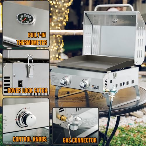Flat Top Gas Griddle, 2-Burner Tabletop Propane Grill, Portable Outdoor Cooking N1446