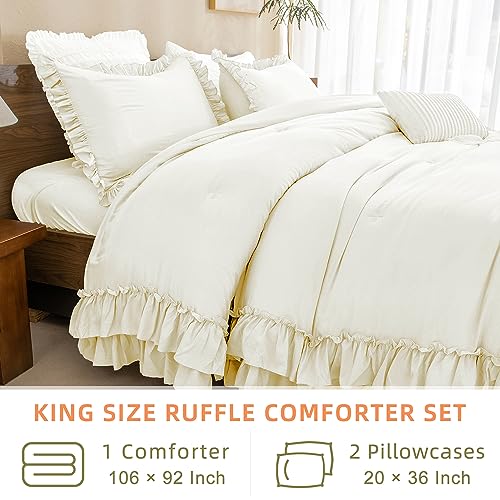 Ruffled Comforter Set Queen Size, 3 Pieces Taupe Boho Bedding G122