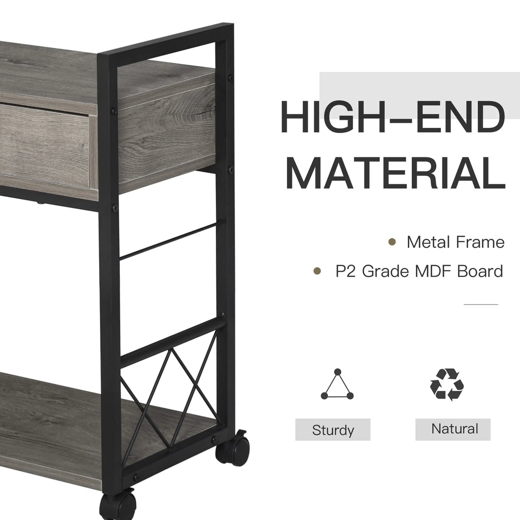 Industrial End Table with Drawer and Bottom Shelf, Mobile Side Table, Grey J804