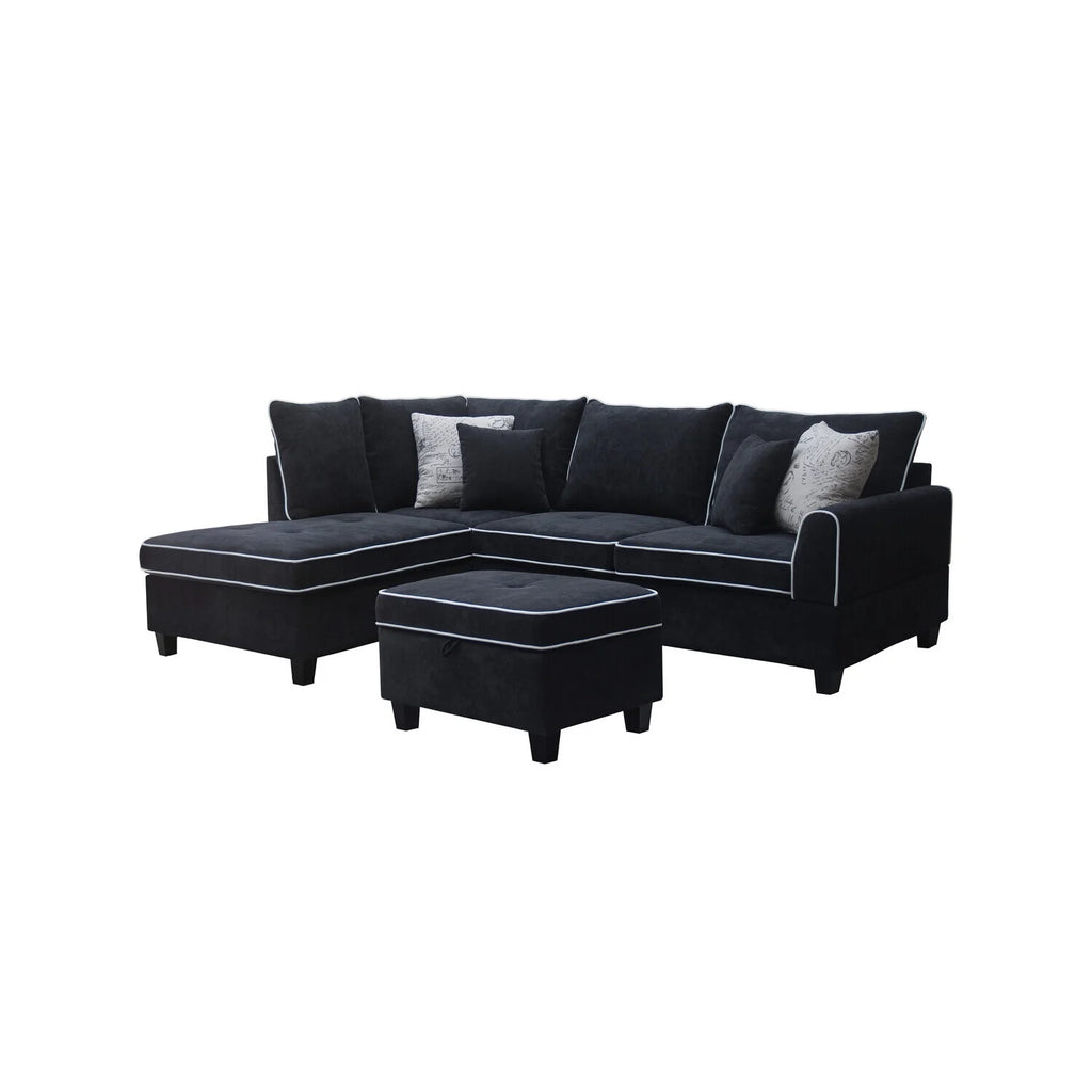 Country Cottage Fabric Sectional Sofa with Chaise and Storage Ottoman N984