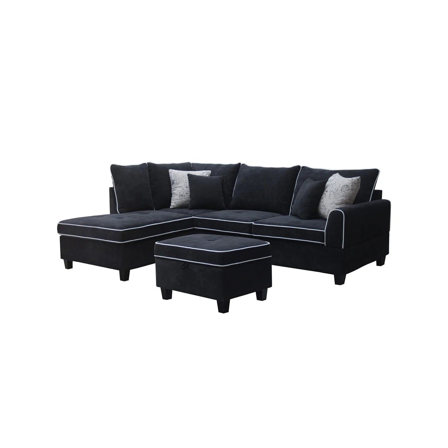 Country Cottage Fabric Sectional Sofa with Chaise and Storage Ottoman N984