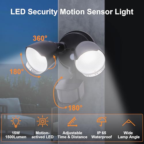 15W 1500 Lumen LED Security Light with Motion Sensor, IP65 Waterproof, Dusk to Dawn, Dual-Head, Black K60749
