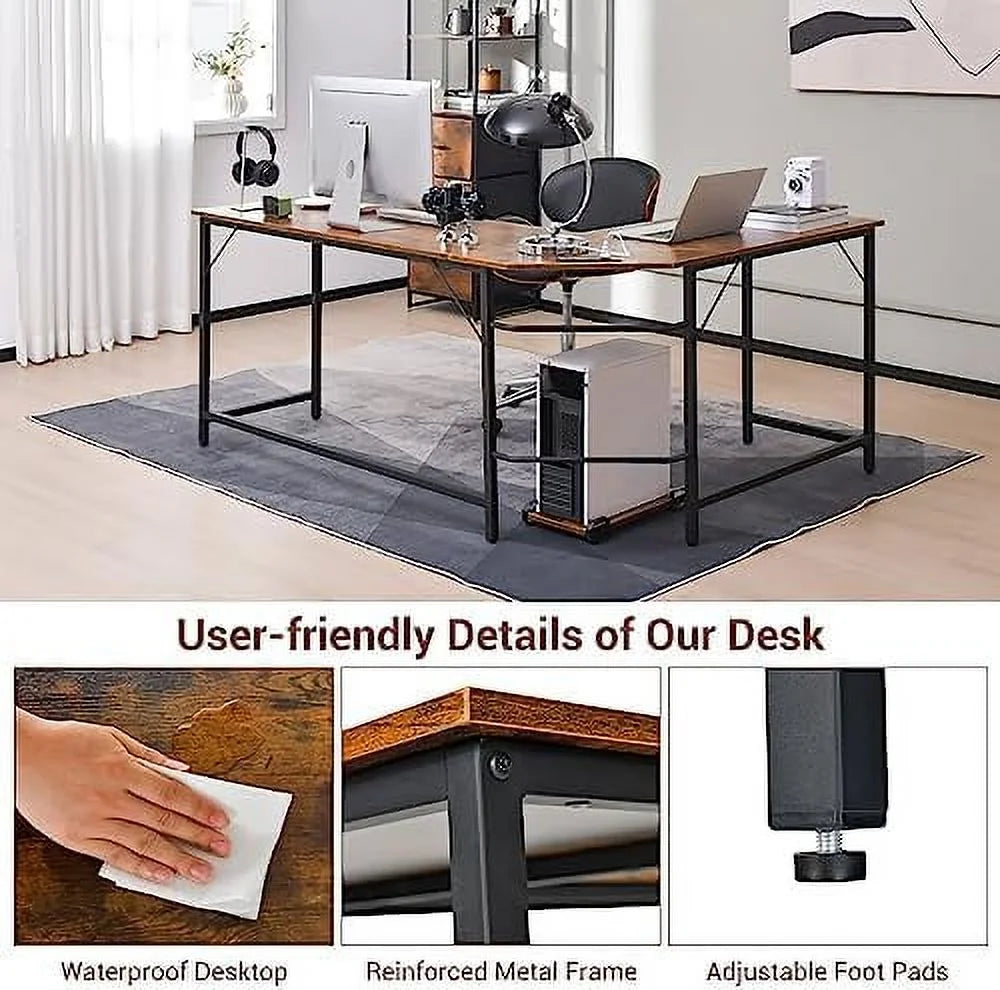 L-Shaped Desk with CPU Stand 66 Inch Wooden Corner Desk with Metal Frame S89739