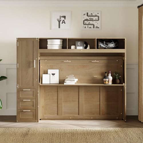 Full Size Murphy Bed with Wardrobe, Storage Drawers and Open Shelves, Solid Wood Wall Bed Frame for Bedroom Guest Room Home Office Study, Easy Assembly (Antique Grey, Full) C74375