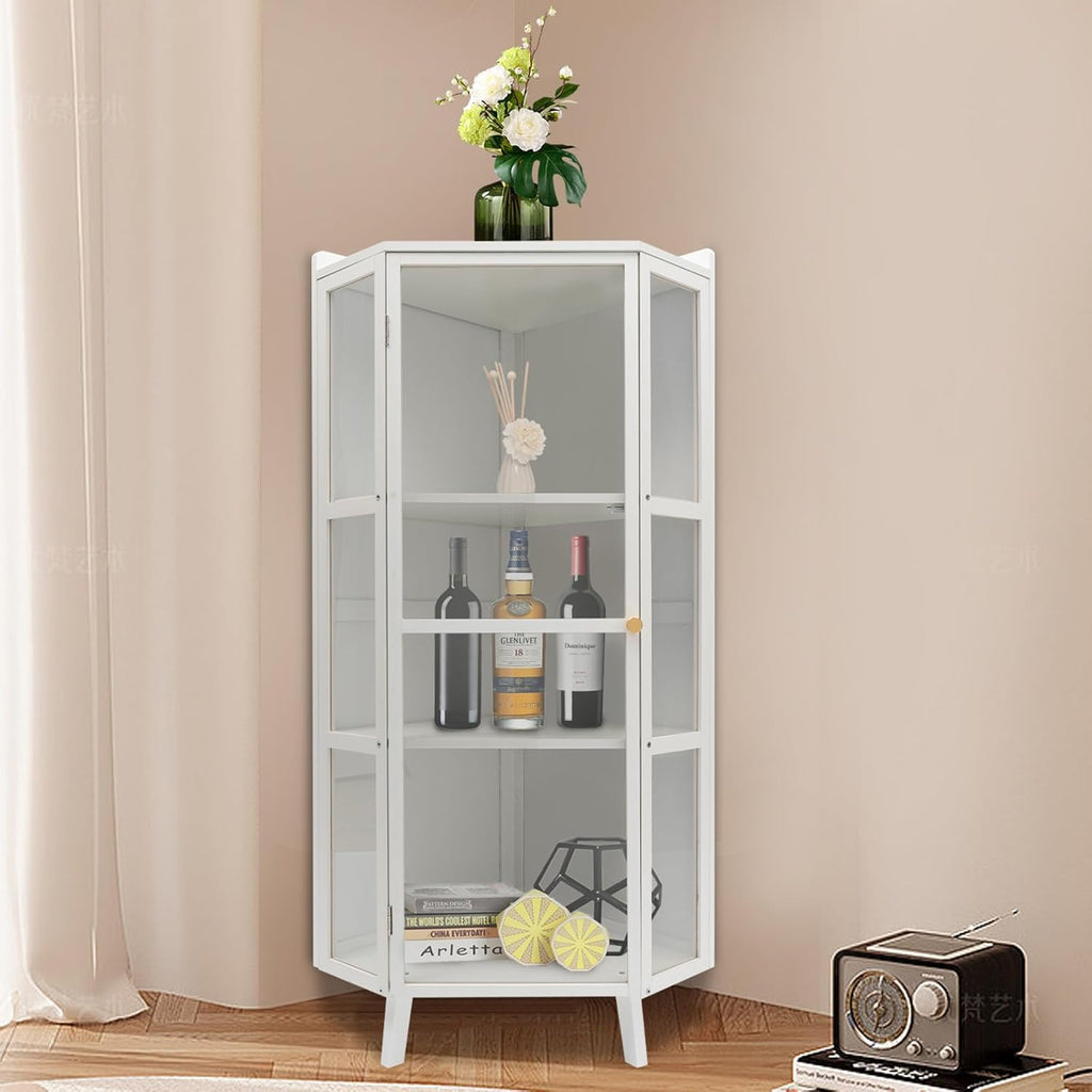 Tall Corner Storage Cabinet Freestanding 3-Tier Bookshelf with Clear Door E8381