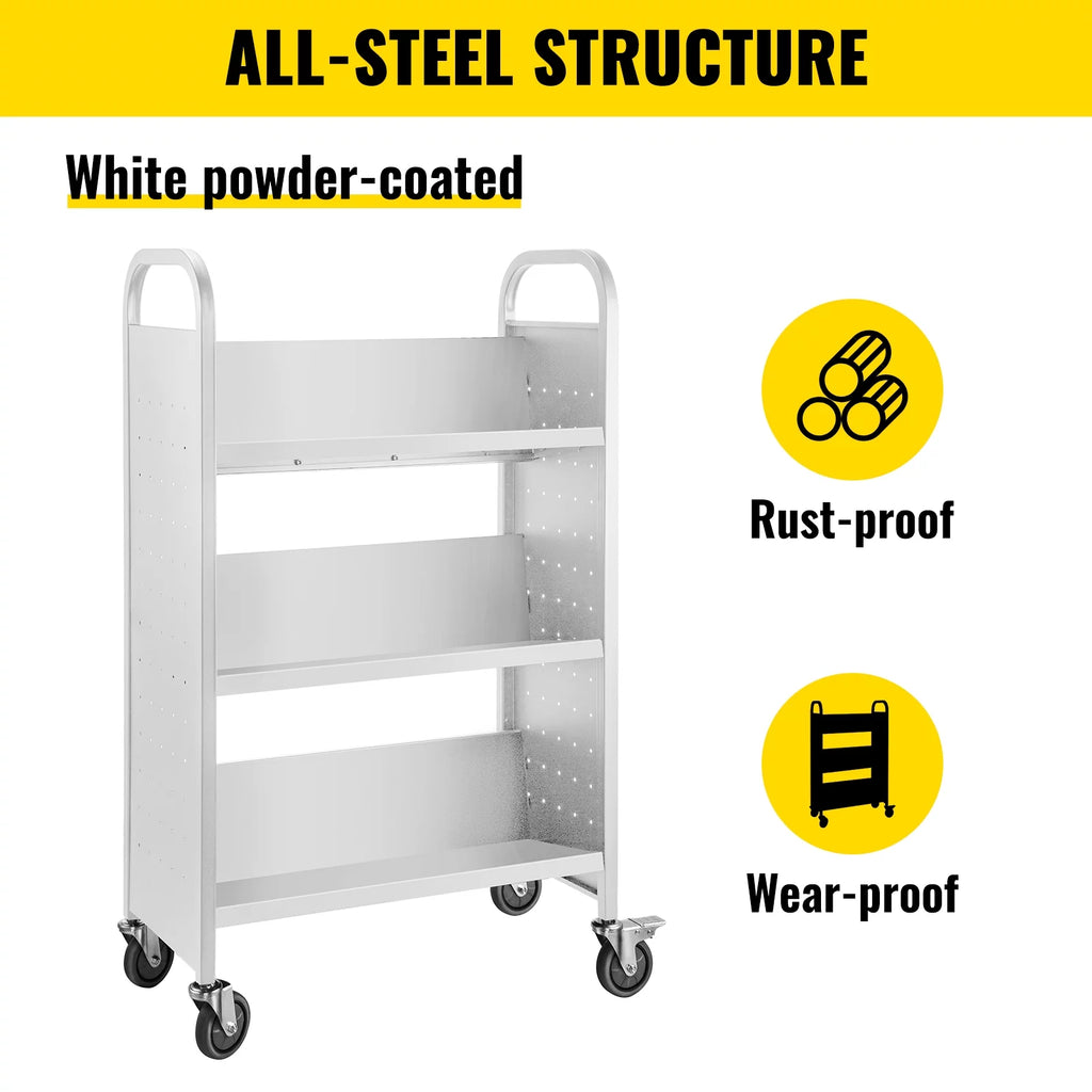 Book Cart Library Cart with V-Shaped Shelves, White M8451