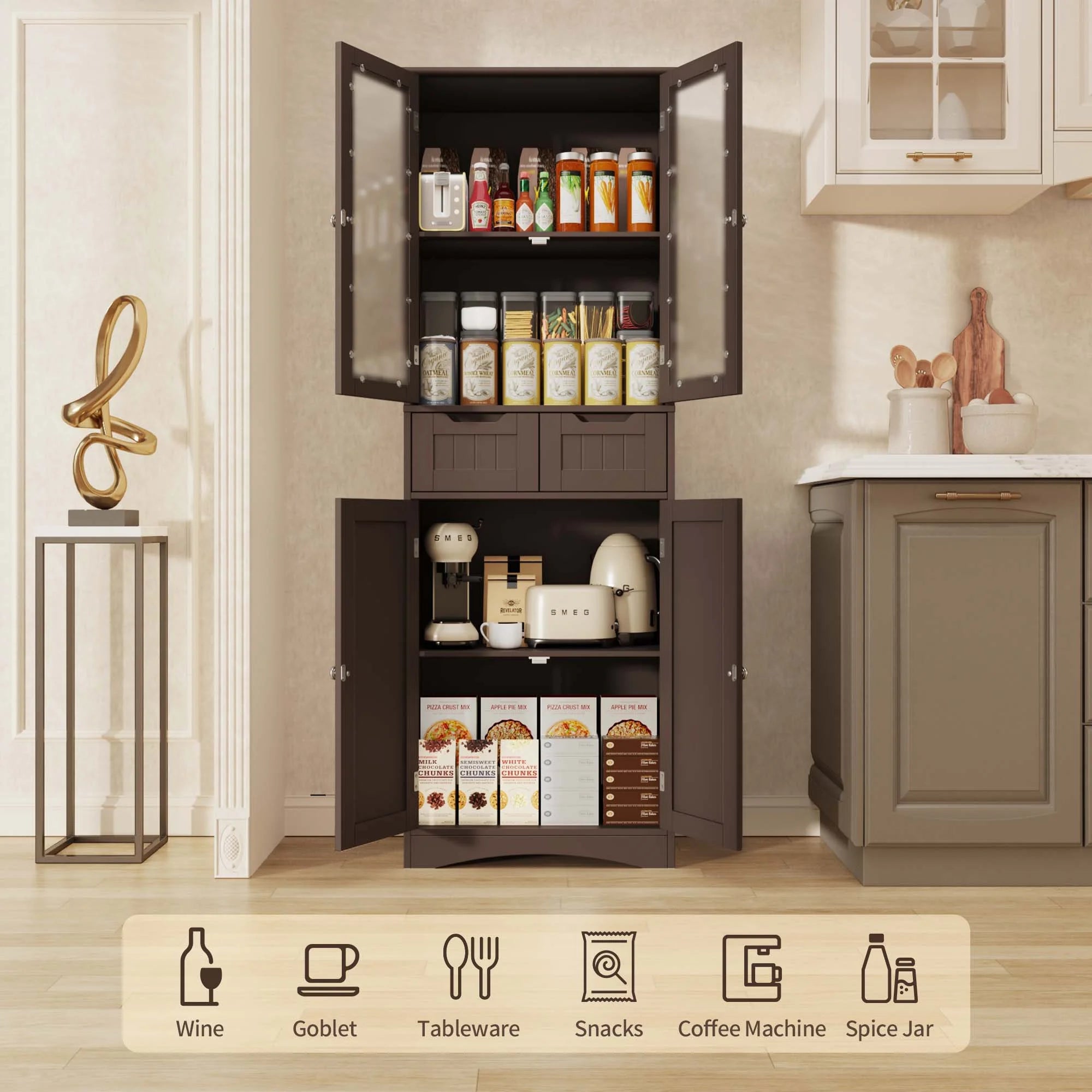 Tall Storage Cabinet with Glass Doors and 2 Drawers, Dark Brown V33192