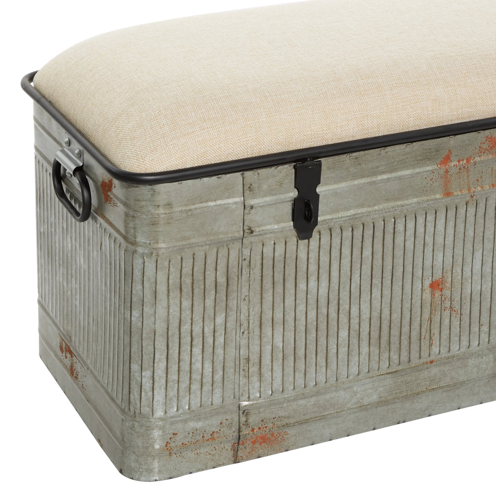 Metal Galvanized Storage Bench with Cream Burlap Top E438064