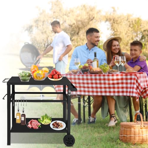 Grill Cart Table with Wheels, Food Prep Worktable with Hooks and Spice Rack D908791