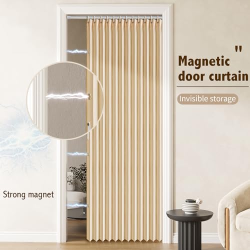 Magnetic Pleated Door Curtain with Rod, Brown, 42" W x 78" L D357694