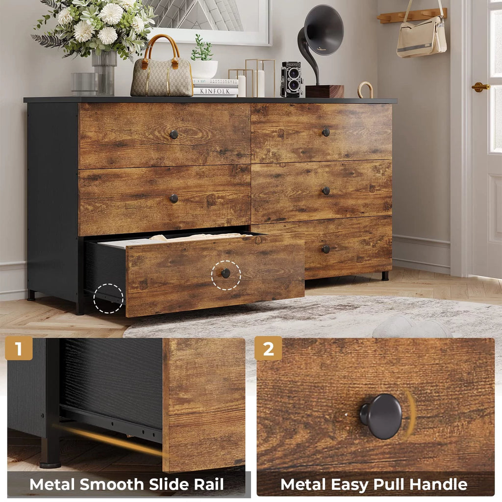 6 Drawer Double Dresser with Sturdy Steel Frame for Bedroom Z592273