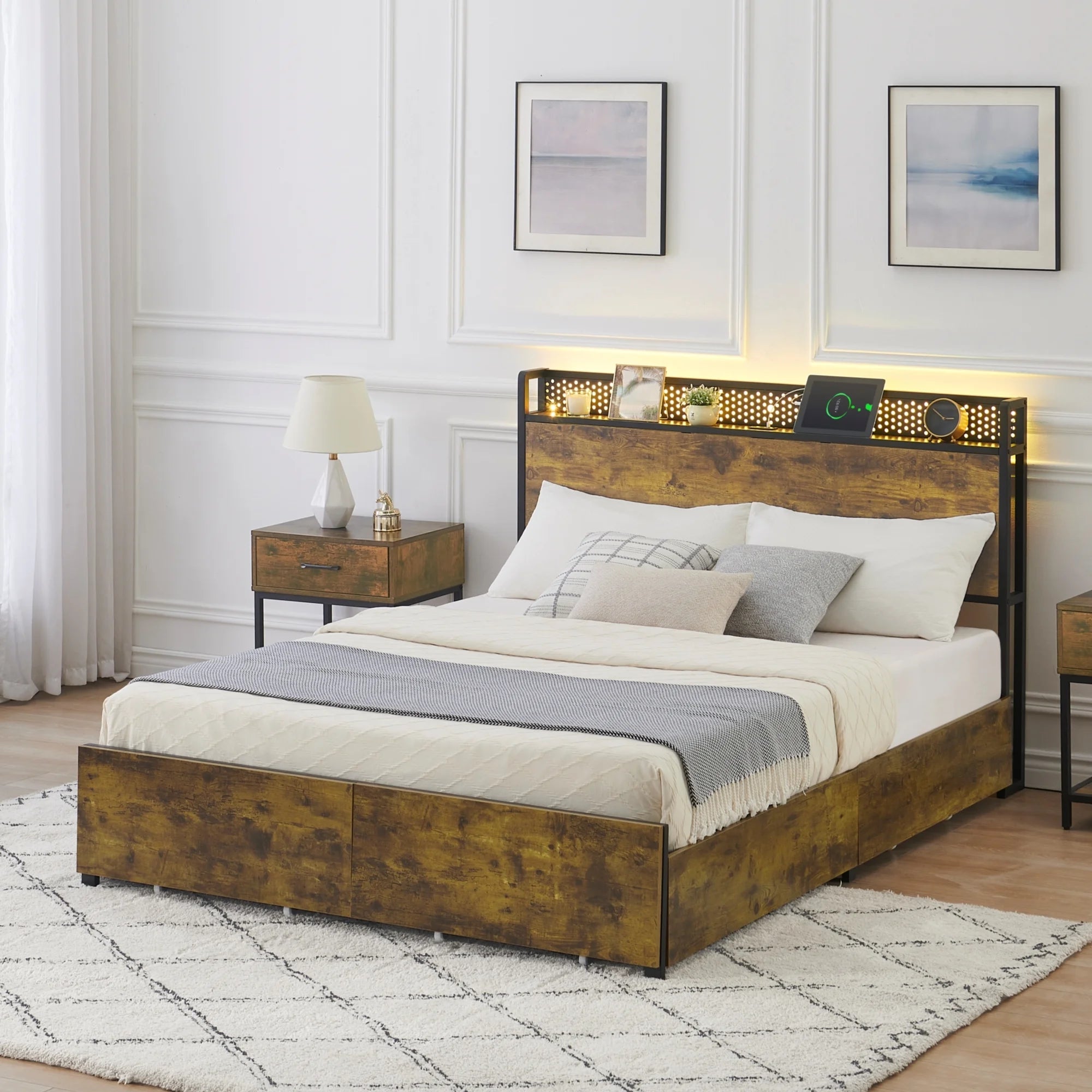 Queen Bed Frame with Storage Headboard and 6 Drawers, LED and USB Ports L895