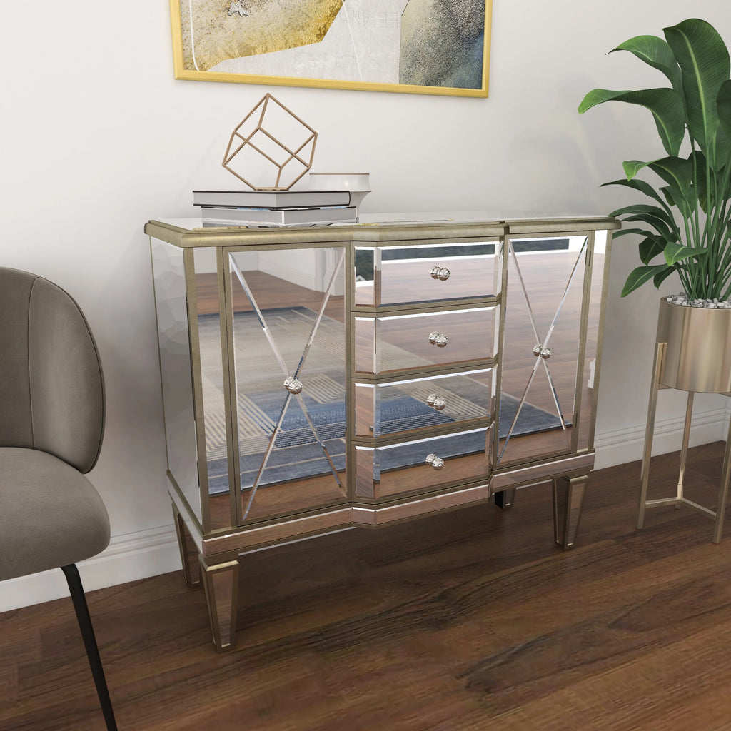 Silver Wood Mirrored Panel Buffet with 4 Drawers, 2 Shelves and 2 Doors D22531